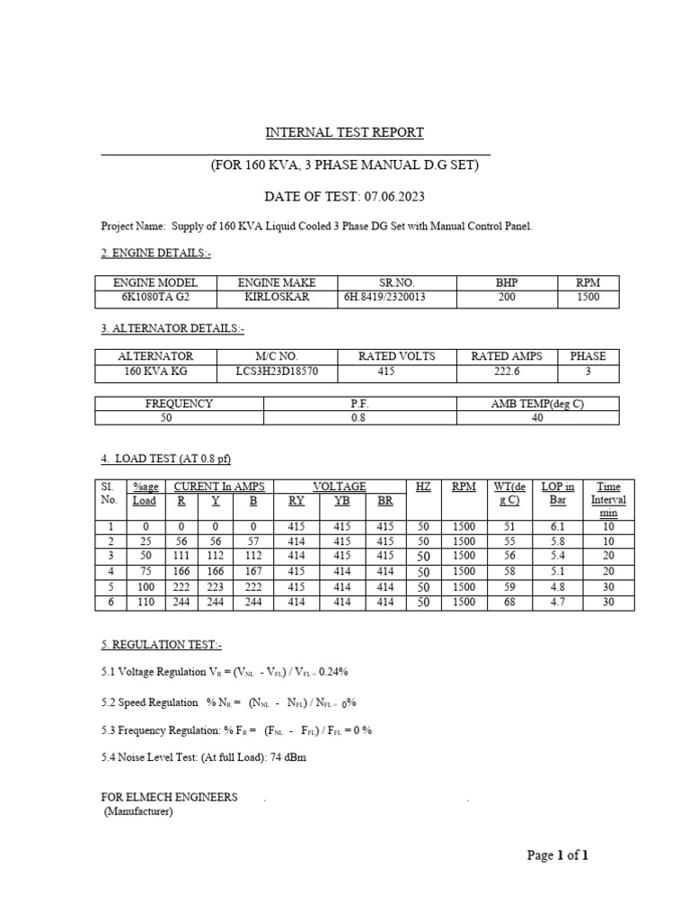 160 Kva Factory Test Report PDF