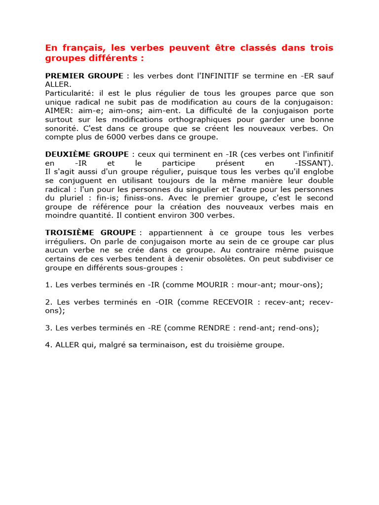 Classification des Verbes Français en 3 Groupes | PDF