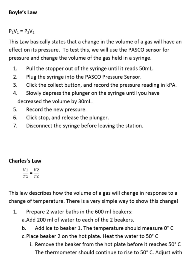 Chemistry Gas Laws Lab Using PASCOSensors PDF