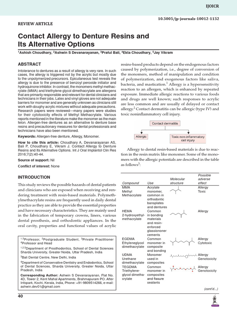 Contact Allergy To Denture Resins and Its Alternative Options PDF
