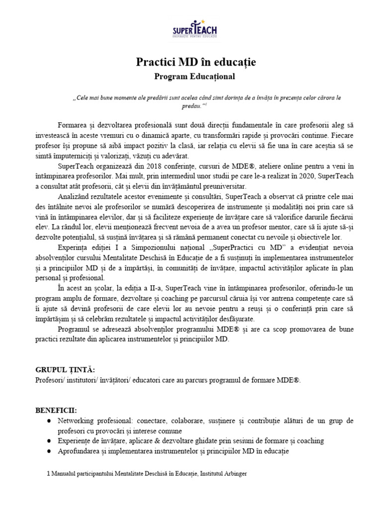 PROIECT Educational Practici MD in Educatie, Info Utile 2023 | PDF