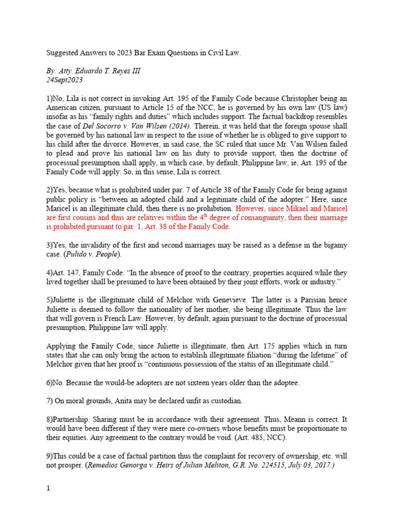 Suggested Answers to 2023 Bar Exam Questions in Civil Law (1) PDF