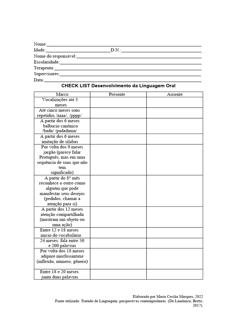 Checklist de Desenvolvimento da Linguagem | PDF | Linguística ...