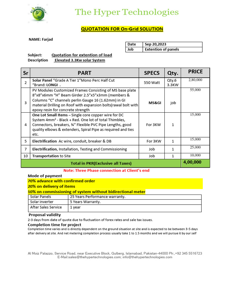 Quotation for 3.3kW Solar System | PDF | Solar Panel | Solar Power