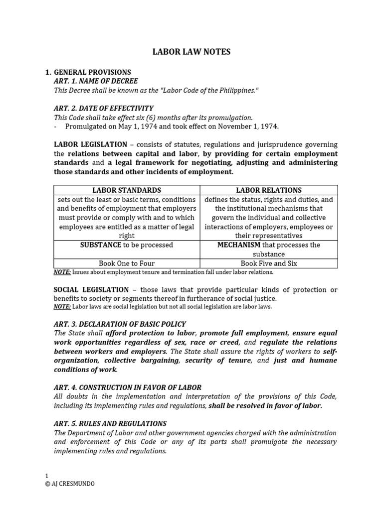 Philippine Labor Law Overview | PDF | Employment | Labour Law