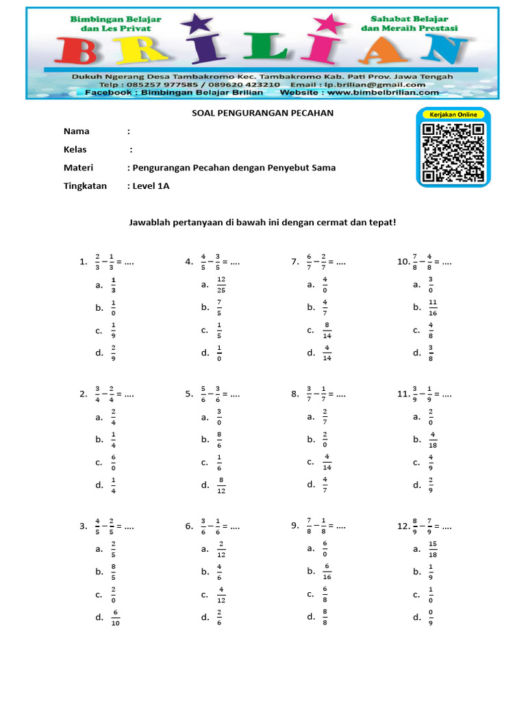 Soal Pengurangan Pecahan Level 1 Pdf