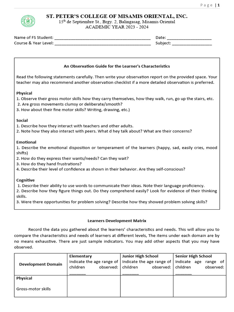 Facilities Observation Report | PDF | Learning | Classroom