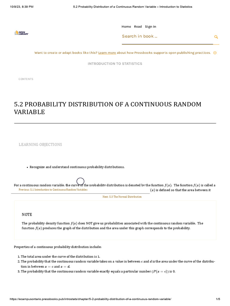5.2 Probability Distribution of A Continuous Random Variable ...