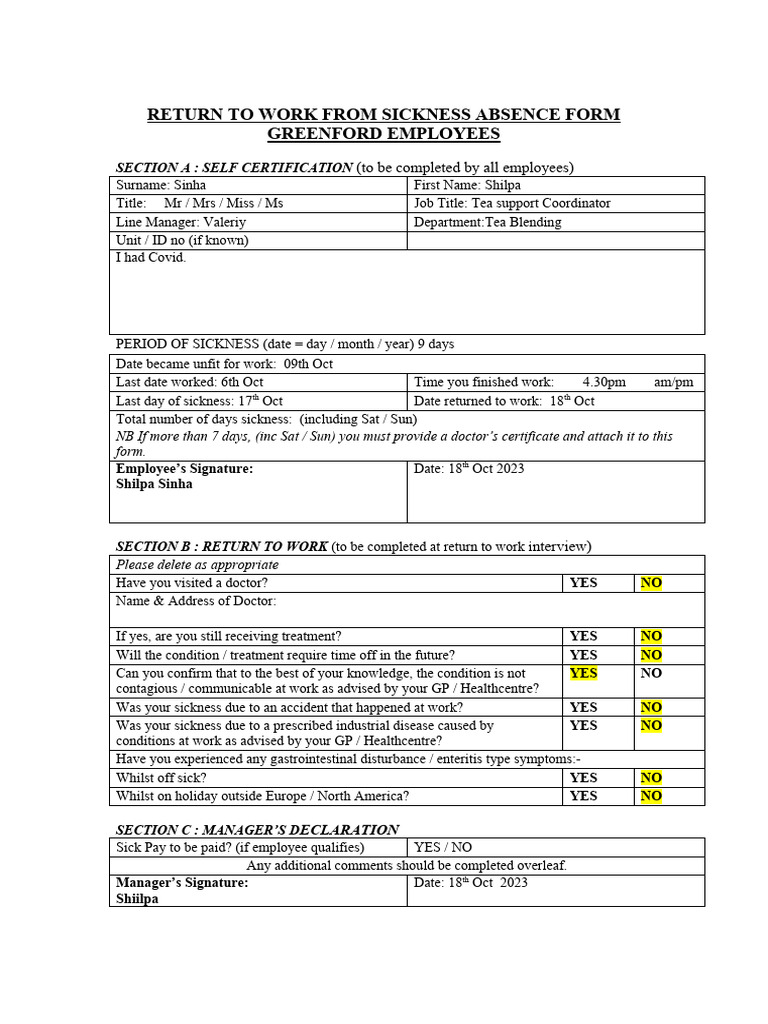 Return to Work After Sickness Form | PDF | Career & Growth