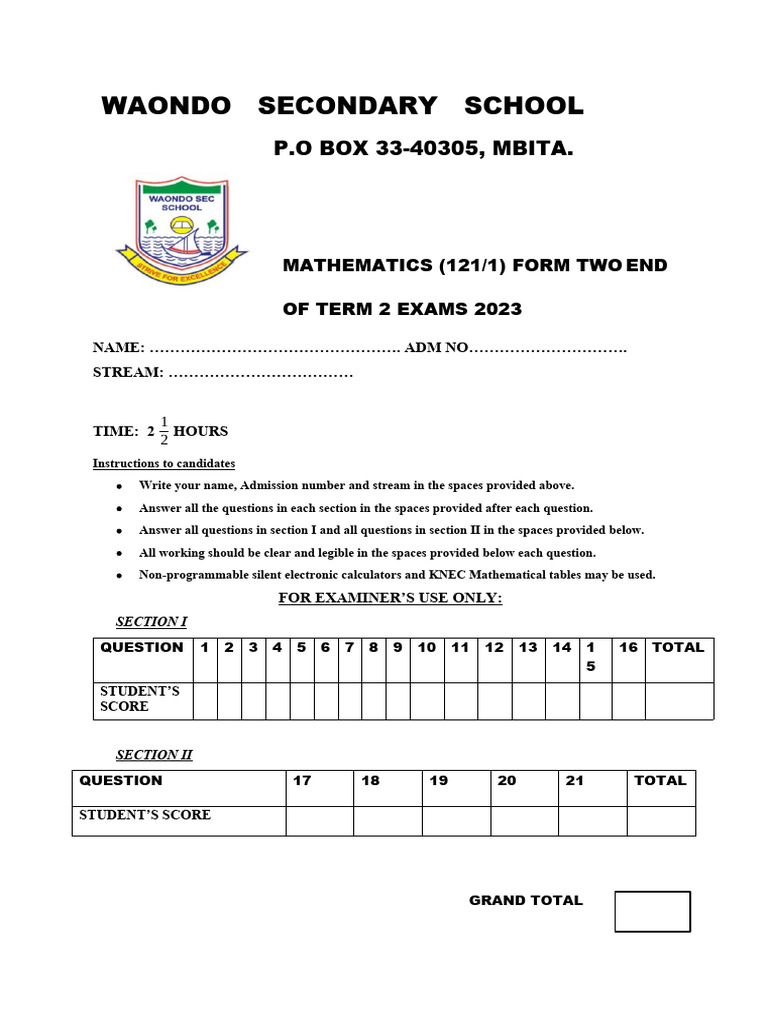 Form Two Mathematics Exam 2023 | PDF | Teaching Methods & Materials ...