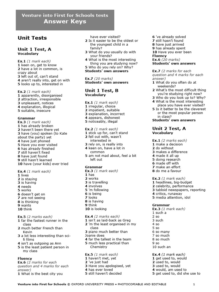 Venture First Schools Tests Answerkeys PDF Free | PDF