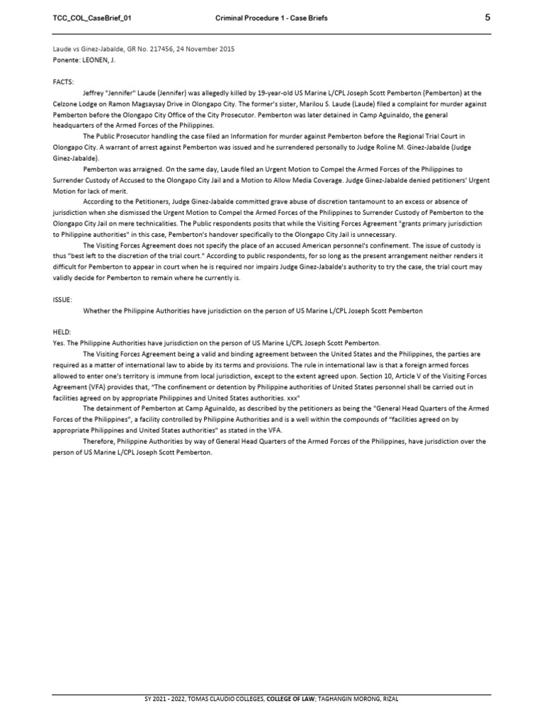 Laude vs Pemberton: Jurisdiction Case | PDF