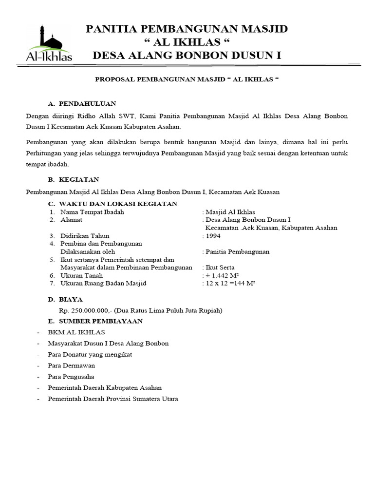 Proposal Pembangunan Masjid Al Ikhlas | PDF