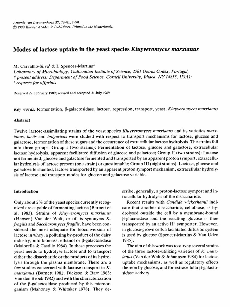 1990 Modes of Lactose Uptake in The Yeast Species Kluyveromyces