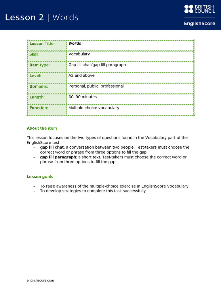 Englishscore Core Skills Lesson 2 Vocab Pdf