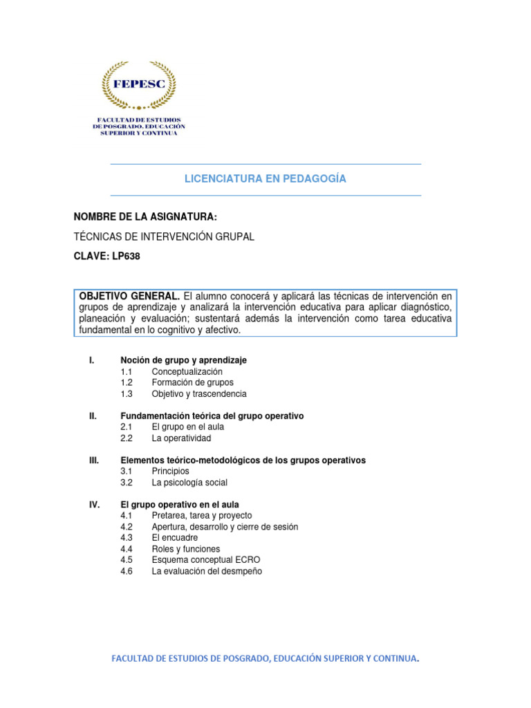 Temario. Técnicas de Intervención Grupal | PDF