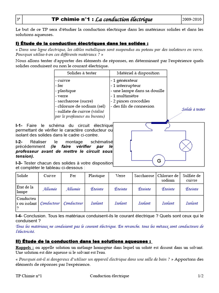 Étude de la conduction électrique en TP | PDF | Sciences et mathématiques