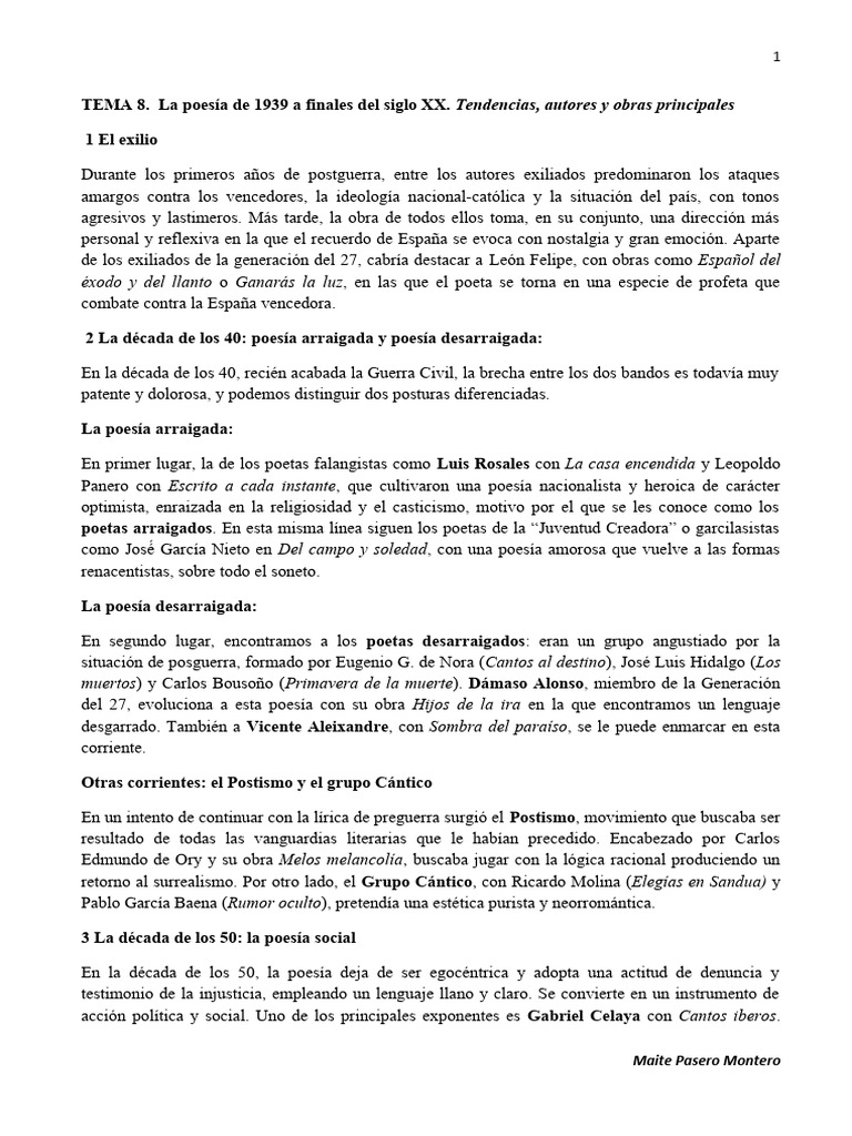 TEMA 8. La Poesã A Desde 1939 Hasta Finales Del Siglo XX. Tendencias ...