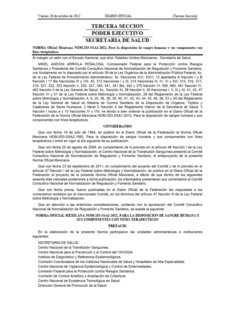 Nom 253 ssa1 2012 para la disposicion de sangre humana y sus