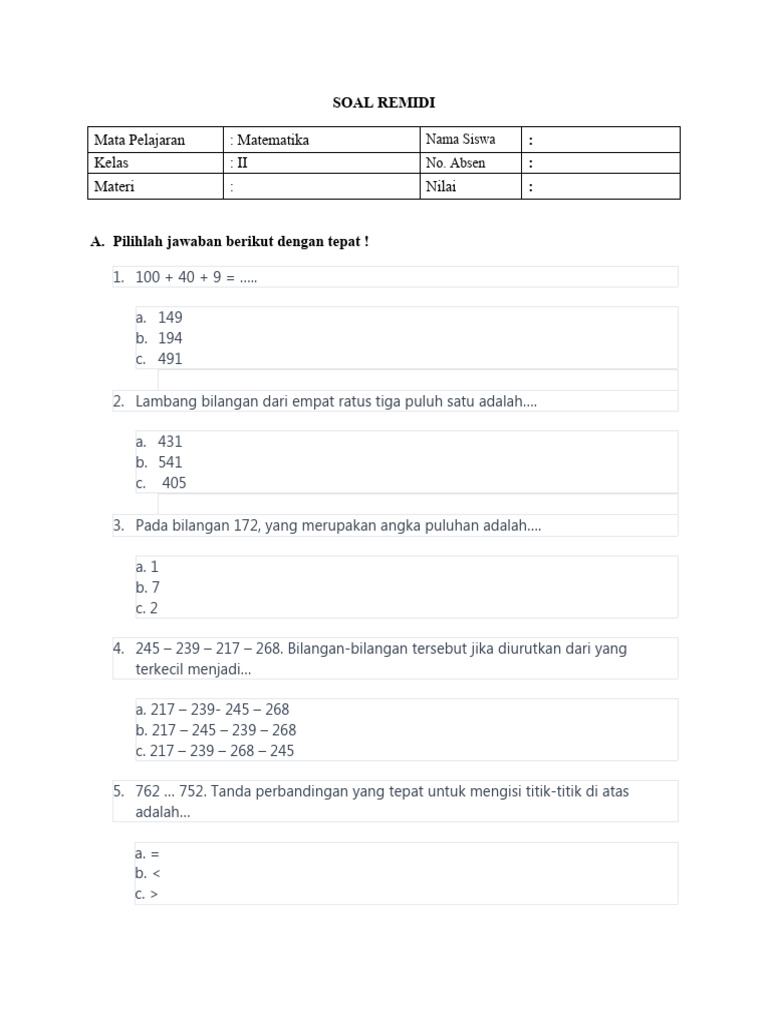Soal Remidi Matematika Kelas 2 SD | PDF