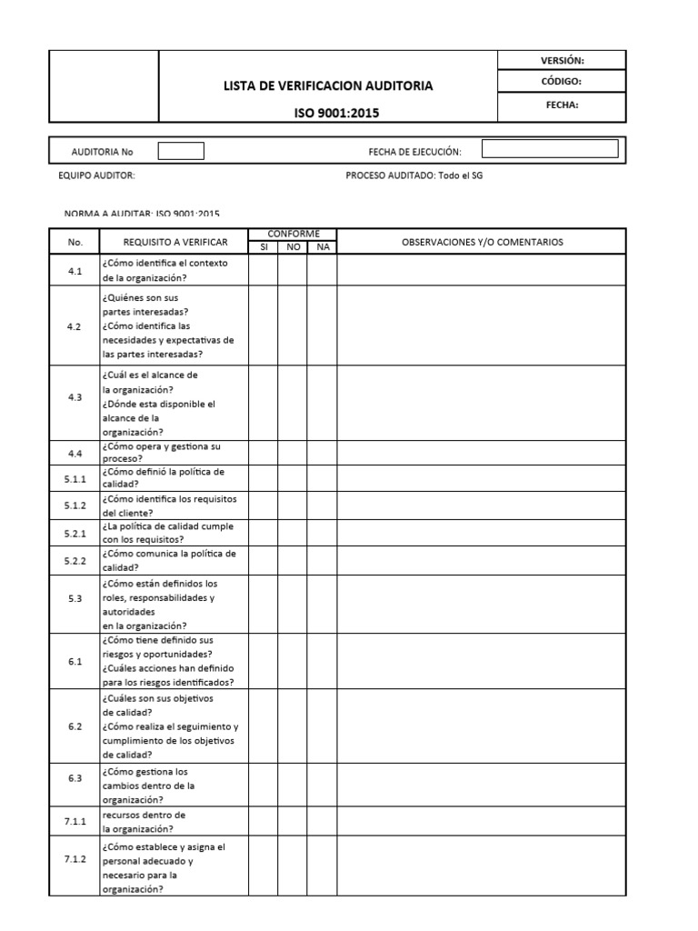 Lista de Verificacion Auditoria Iso 9001 - 2015 en Lista | PDF