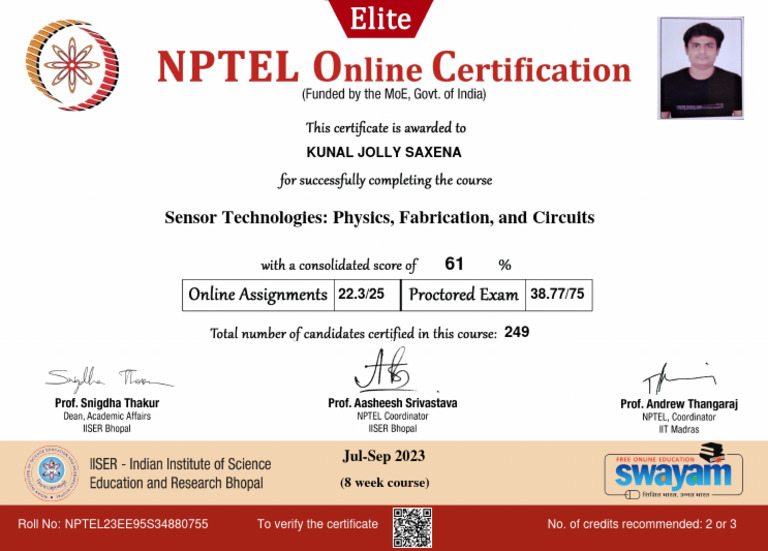 NPTEL Sensor Technologies Course Certificate | PDF | Science ...