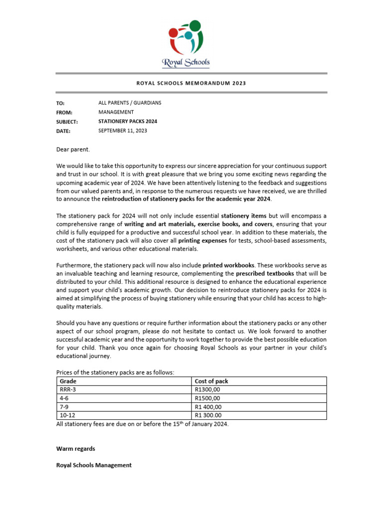 Memo Stationery Fees 2024 PDF Learning