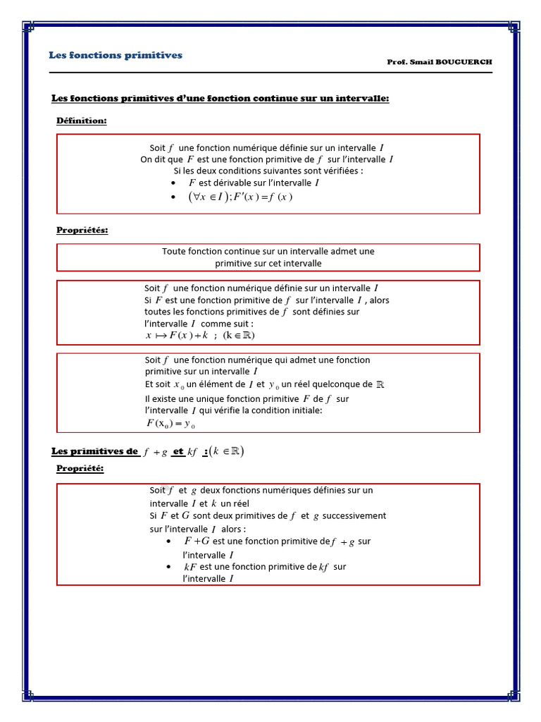 Fonctions Primitives : Définitions et Propriétés | PDF | Fonction ...