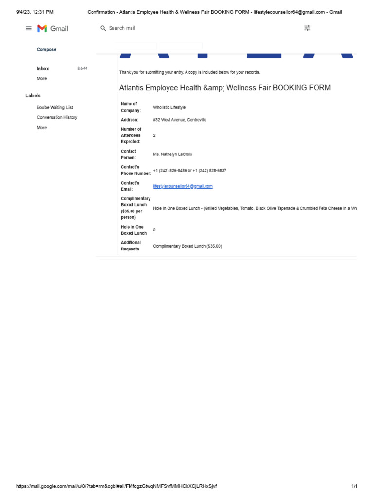 Confirmation atlantis employee health wellness fair booking form