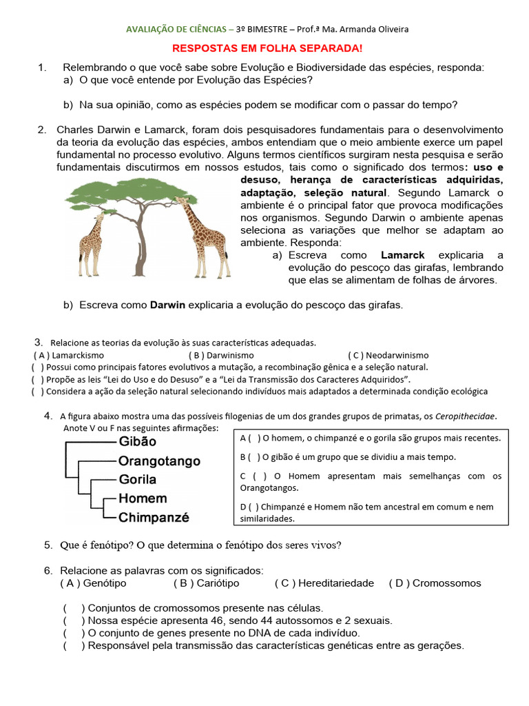 Avaliação sobre Evolução e Biodiversidade | PDF | Evolução | Seleção ...