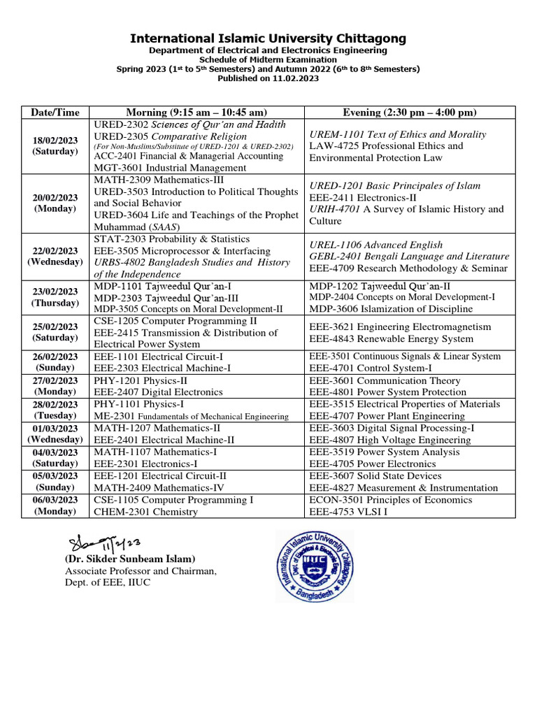 IIUC EEE Midterm Exam Schedule 2023 | PDF | Engineering | Electrical ...