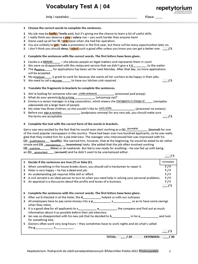 Vocabulary Test A | 04 Repetytorium | PDF