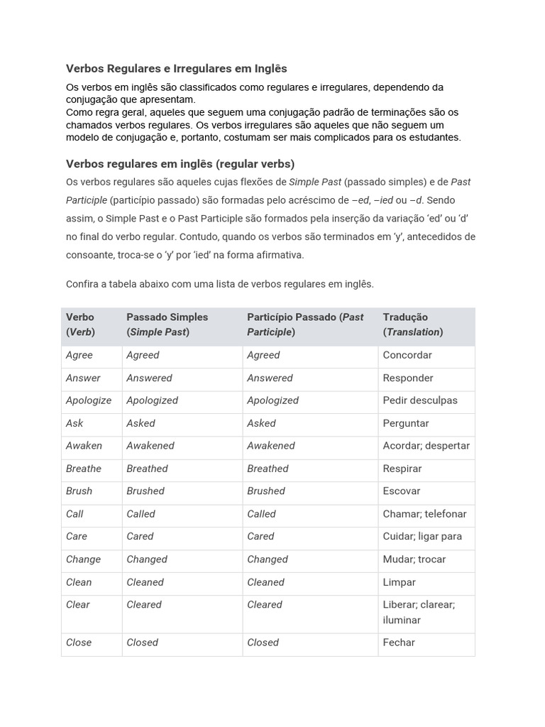 Verbos Regulares e Irregulares em Inglês | PDF | Linguística | Mecânica ...