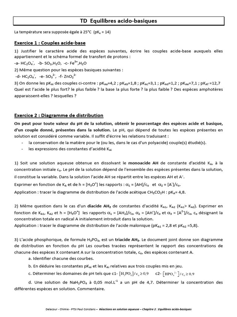 Équilibres acido-basiques en solution aqueuse | PDF | Sciences et ...