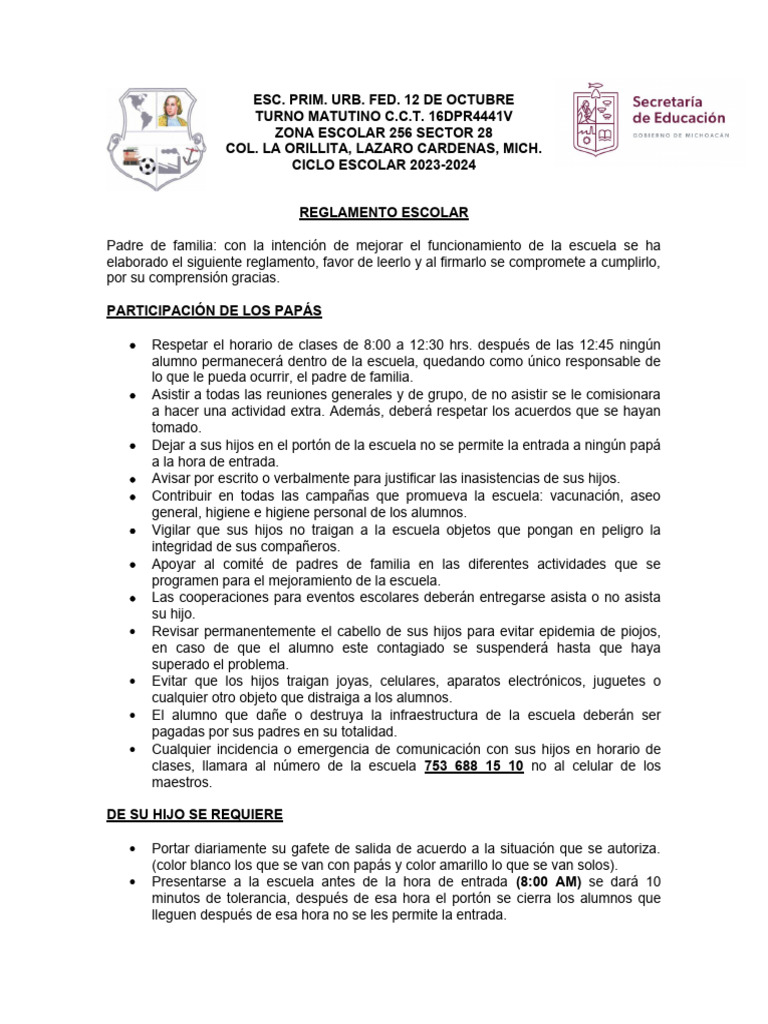 Reglamento Escolar 20232024 PDF