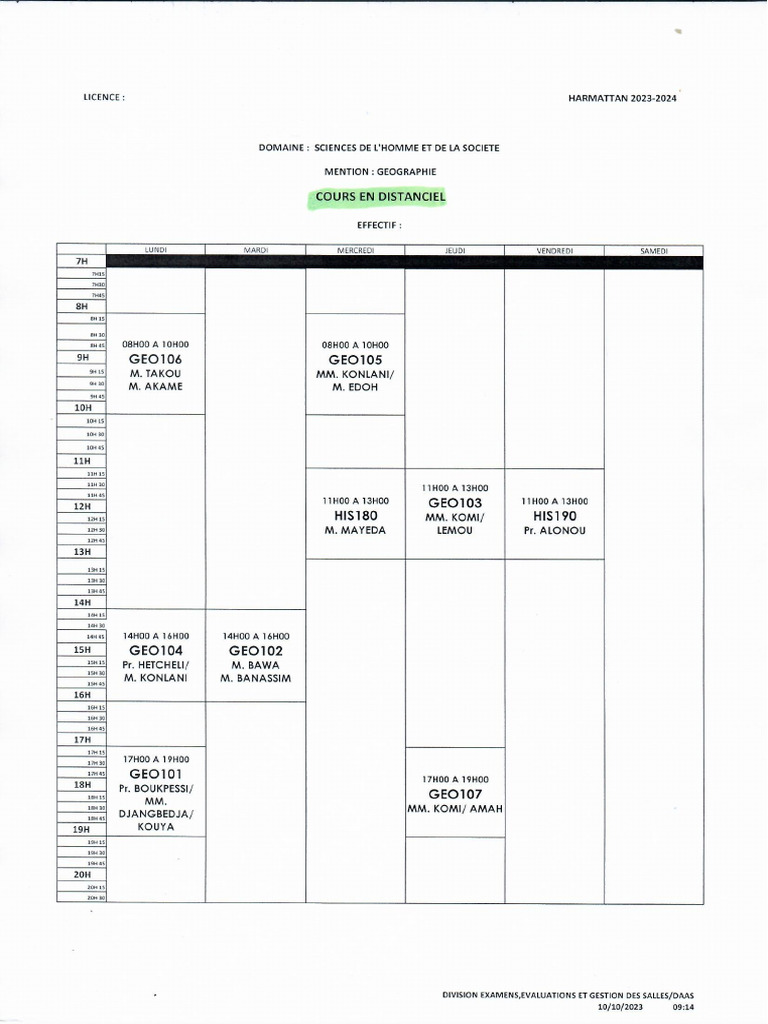 Geographie - Emploi Du Temps Des Cours - 231011 - 114744 | PDF