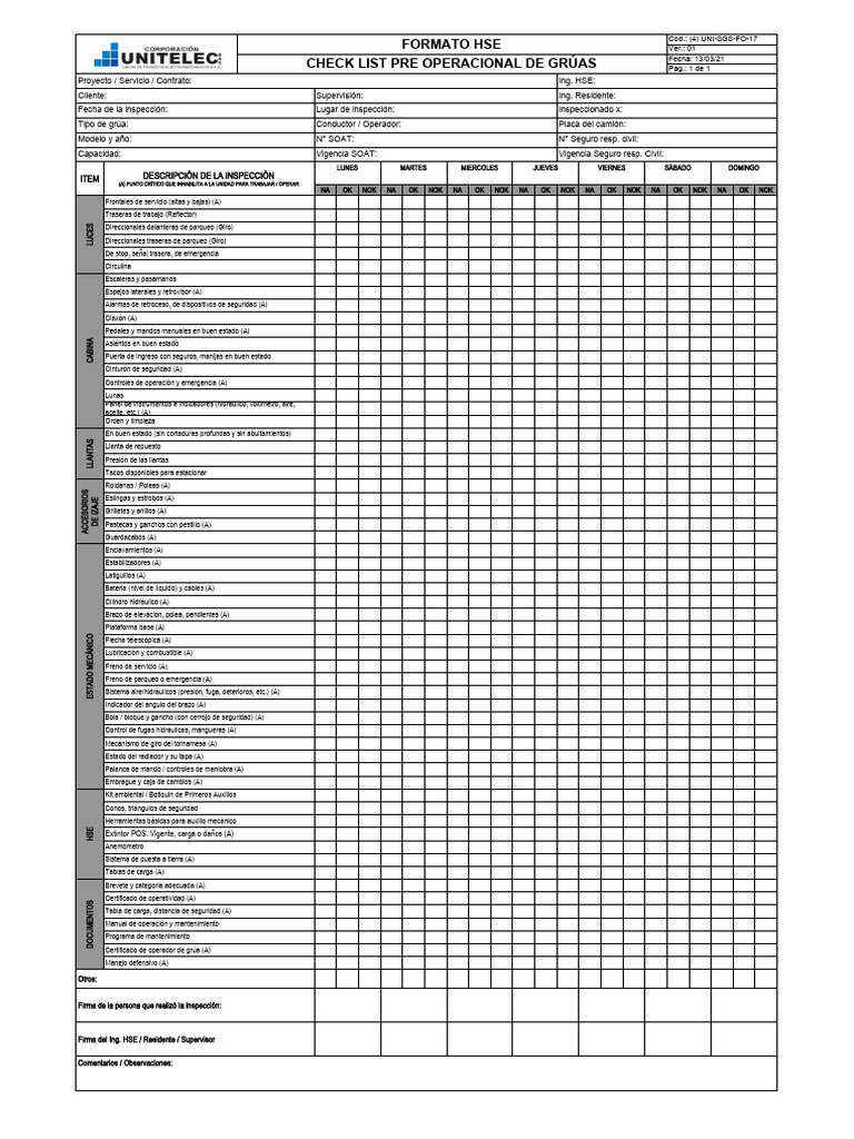 Checklist Pre Operacional de Grúas | PDF | Bienes manufacturados ...