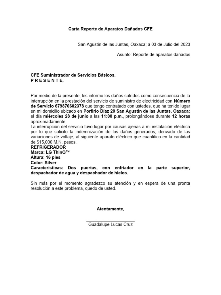Carta reporte de aparatos da ados cfe pdf