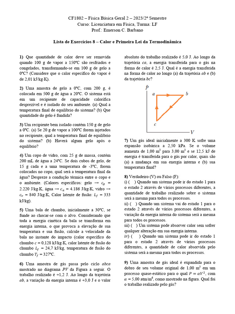 Lista de Exercícios 8 - Calor e Primeira Lei Da Termodinâmica | PDF