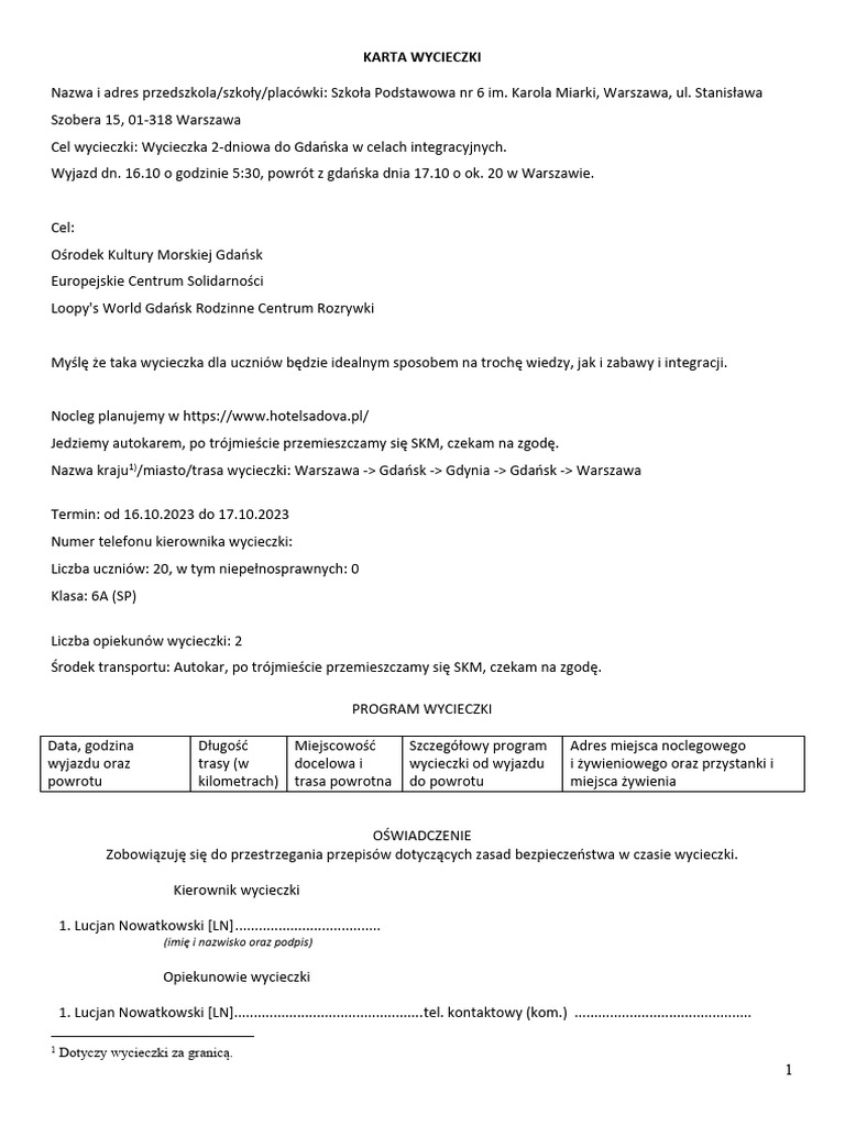 Karta Wycieczki (Dodatkowe Informacje) | PDF