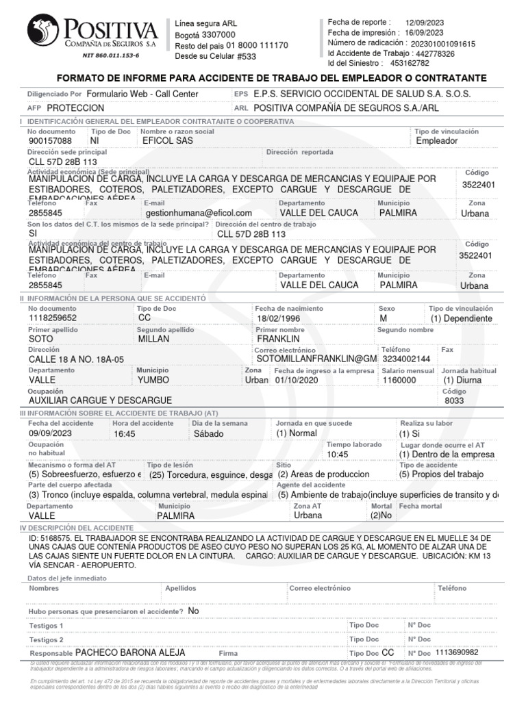 Informe de Accidente de Trabajo EFICOL | PDF