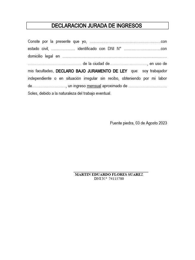 Declaración Jurada de Ingresos 2023 | PDF