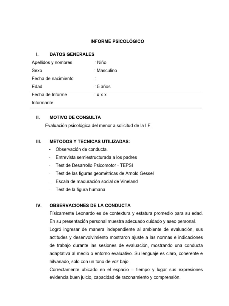 Informe Psicologico Infantil | PDF | Las emociones | Sicología
