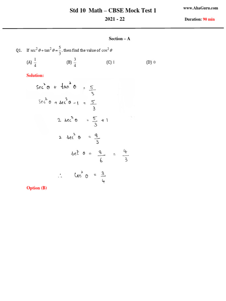 Class 10 Maths Mock Test Solutions | PDF | Equations | Mathematics