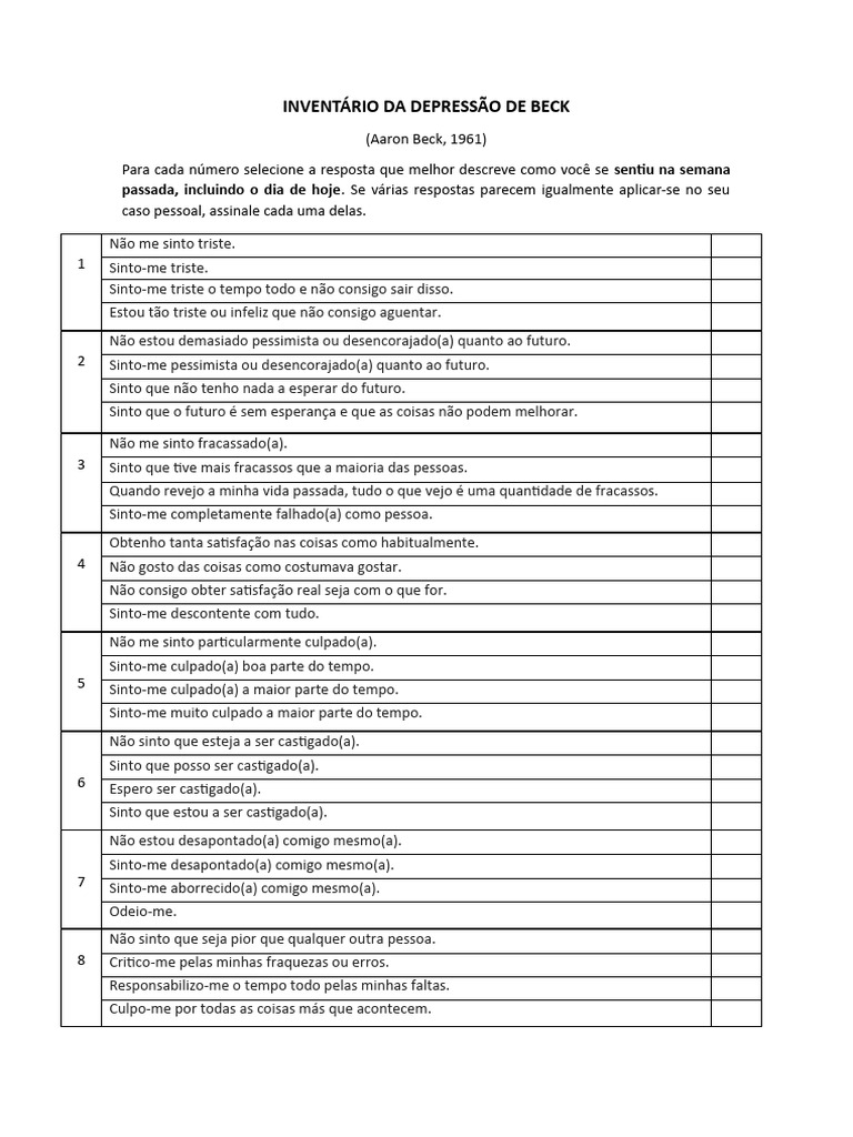 Inventário Da Depressão de Beck | PDF | Depressão | Pessimismo