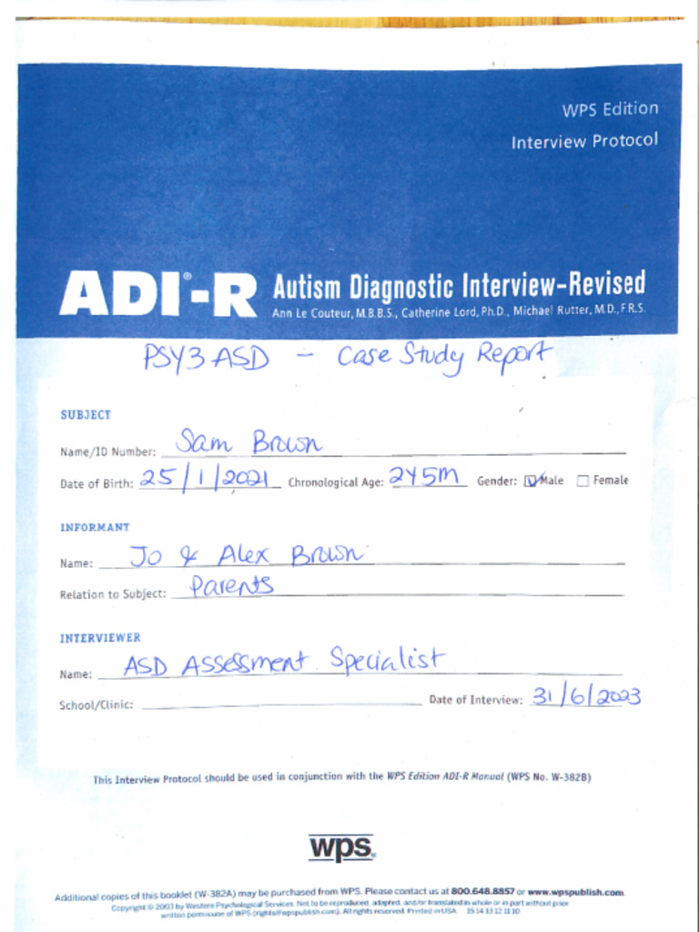 PSY3ASD 2023 Case Study Report - ADI-R (Partial Notes Summary Scores) | PDF