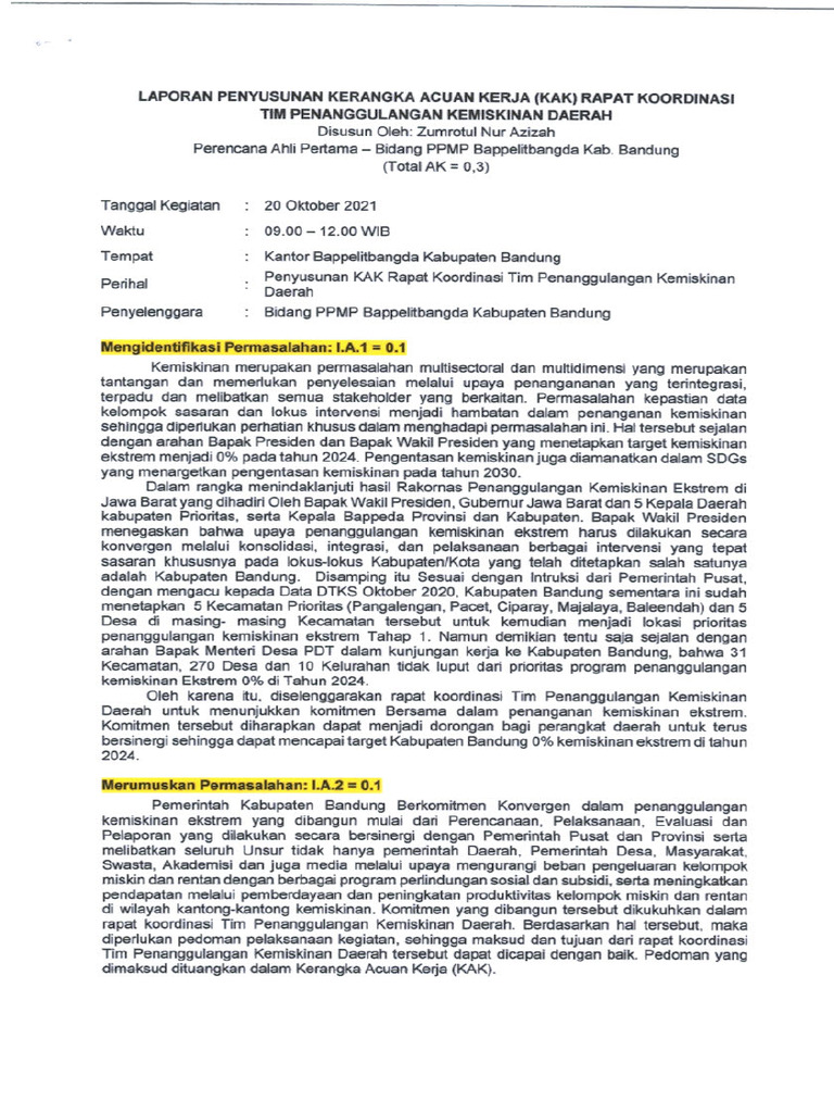 Laporan Penyusunan KAK Rakor TKPKD | PDF