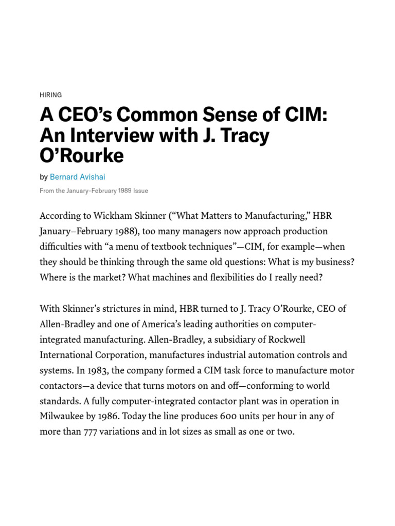 A CEO's Common Sense of CIM-An Interview With J. Tracy O'Rourke | PDF ...