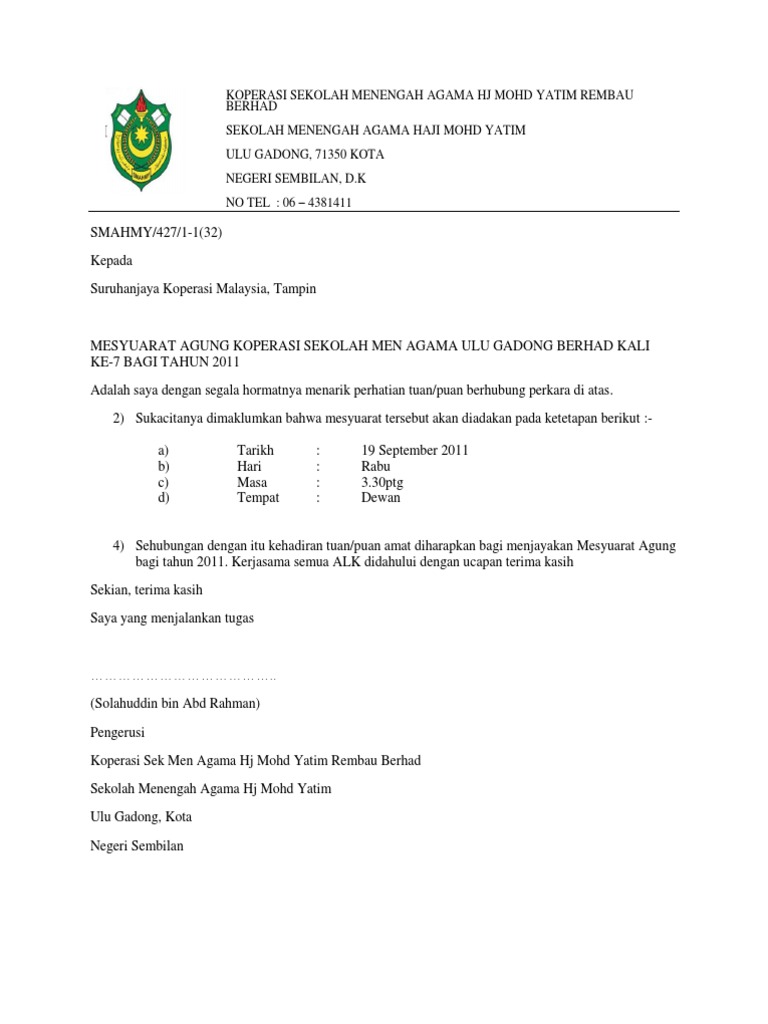 Format Surat Mesyuarat Agung