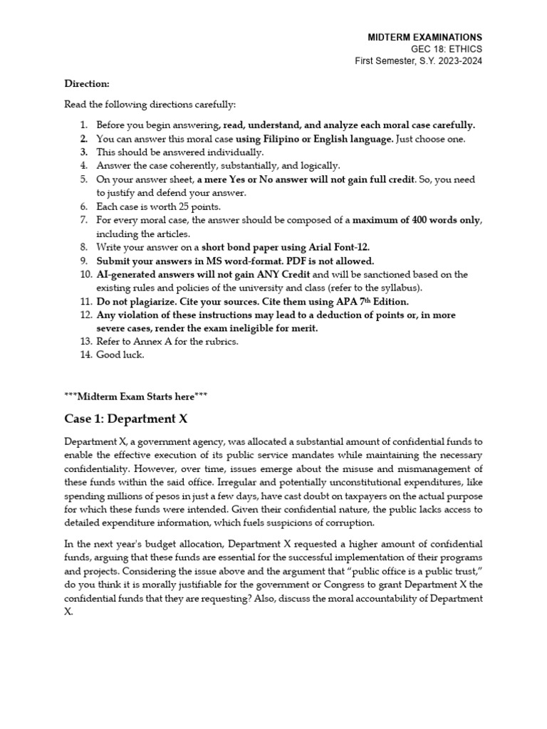 GEC 18 Ethics Midterm Exam Guidelines | PDF | Accountability | Governance